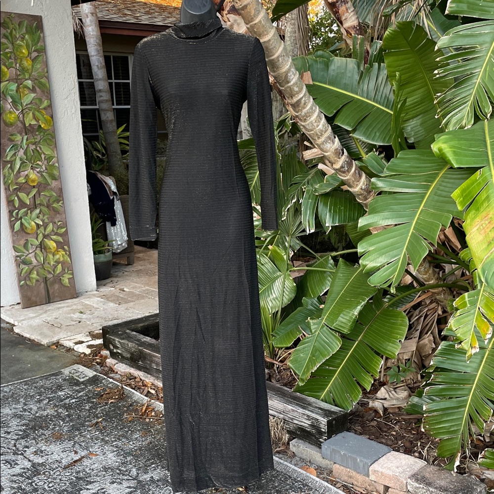 vintage bronze, metallic sheer striped maxi dress with tie bow back
